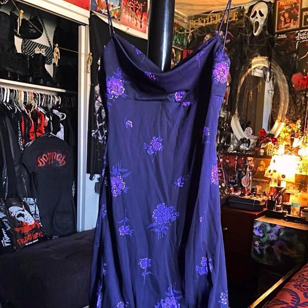 Vintage 90s Strappy Purple Dress w/ Sparkly Flowers by Byer Too!